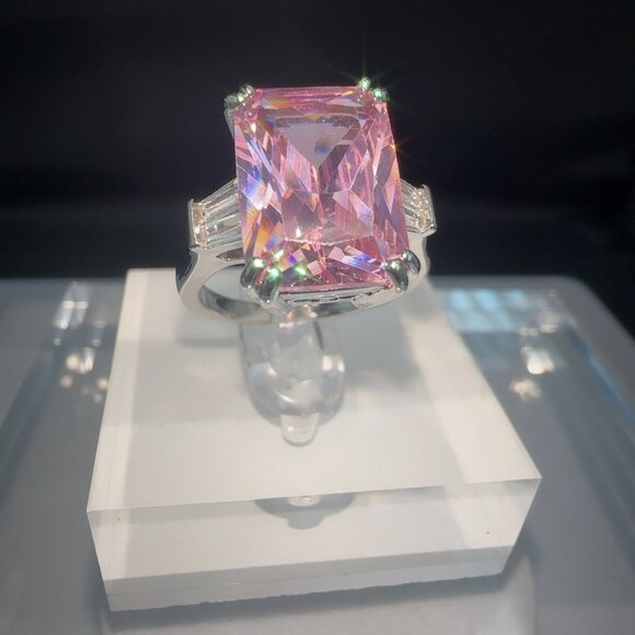Cubic Zirconia Jewelry - Emerald Cut Pink Cubic Zirconia & Silver Ring